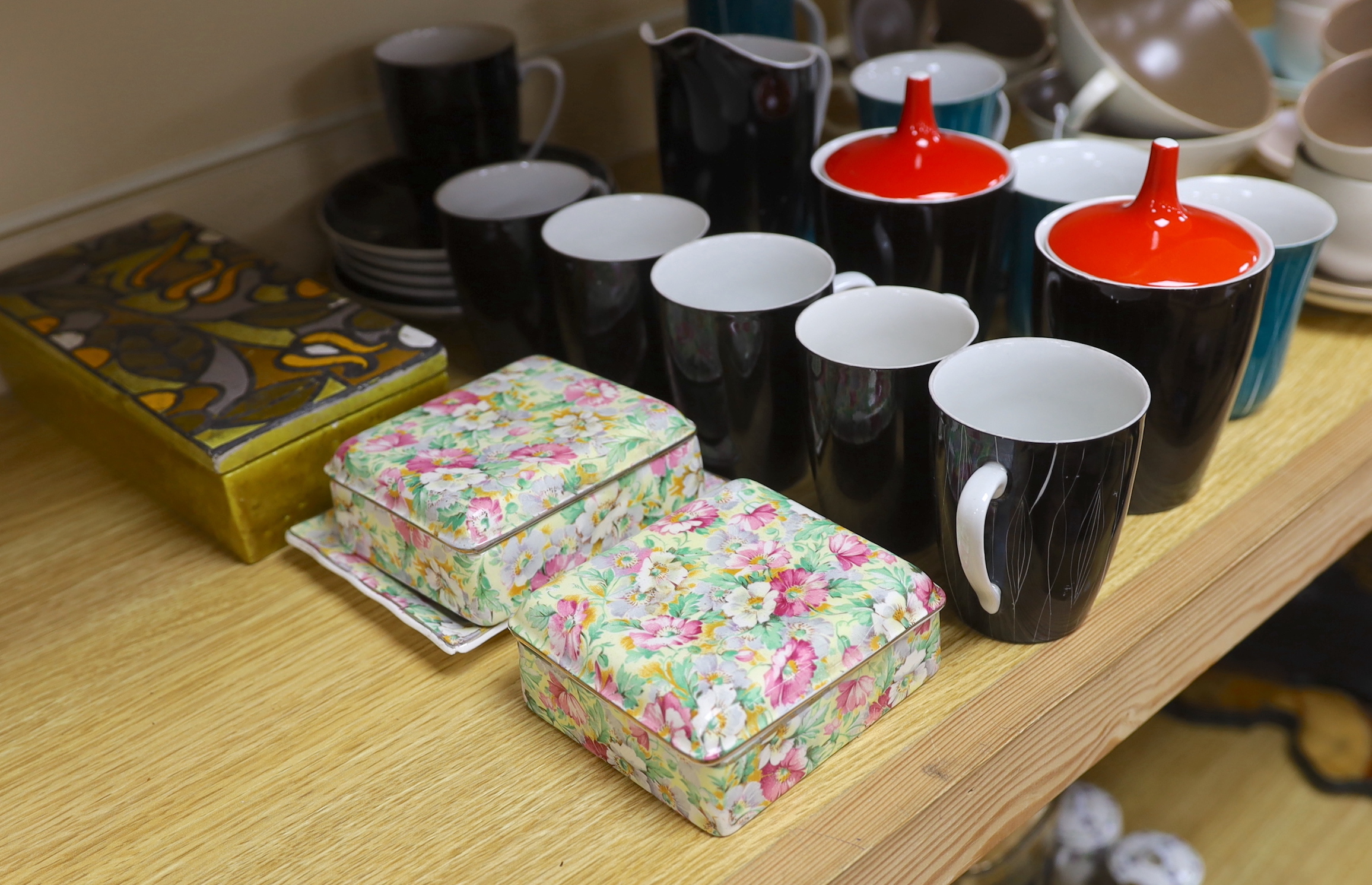 A group of 1960's Poole pottery coffee wares, Chintz boxes, etc.